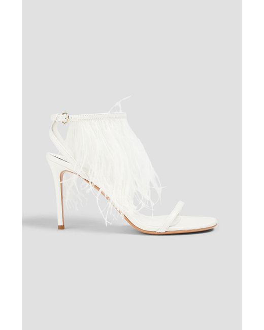 Emilio Pucci White Feather-embellished Leather Sandals