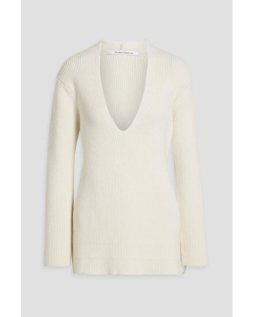 Another Tomorrow White Pullover aus einer gerippten merinowollmischung