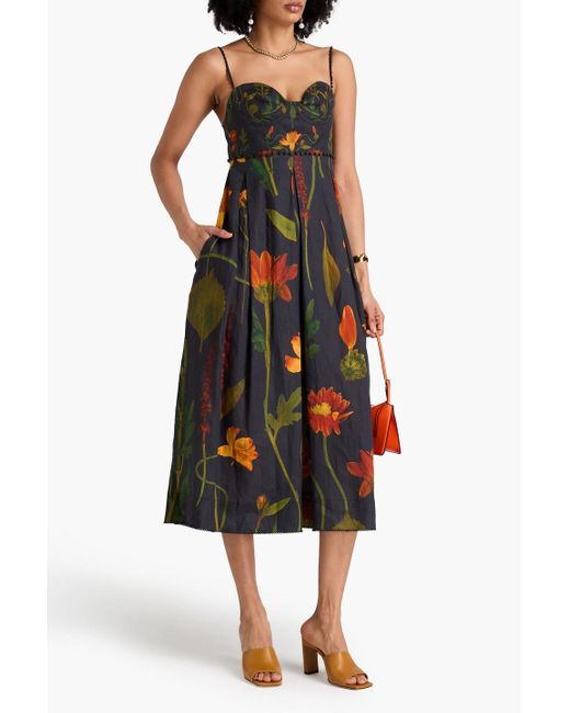 Agua Bendita Blue Mambo Embellished Floral-print Linen Midi Dress