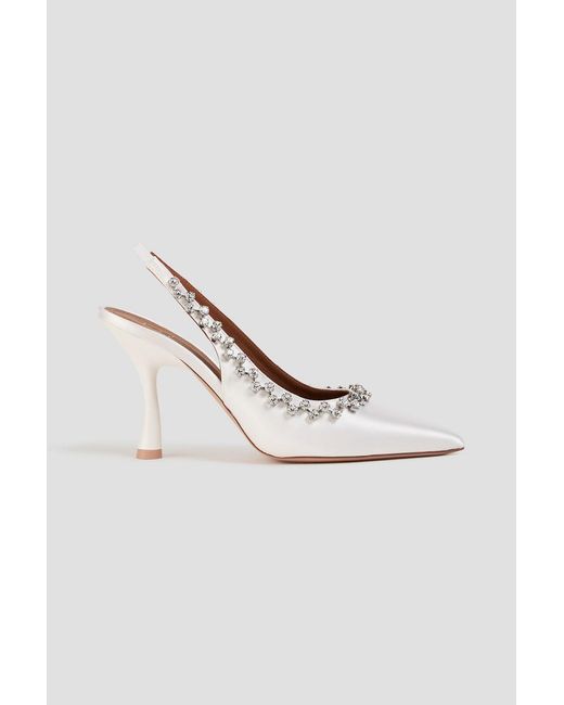 Malone Souliers White Giselle Crystal-Embellished Satin Slingback Pumps