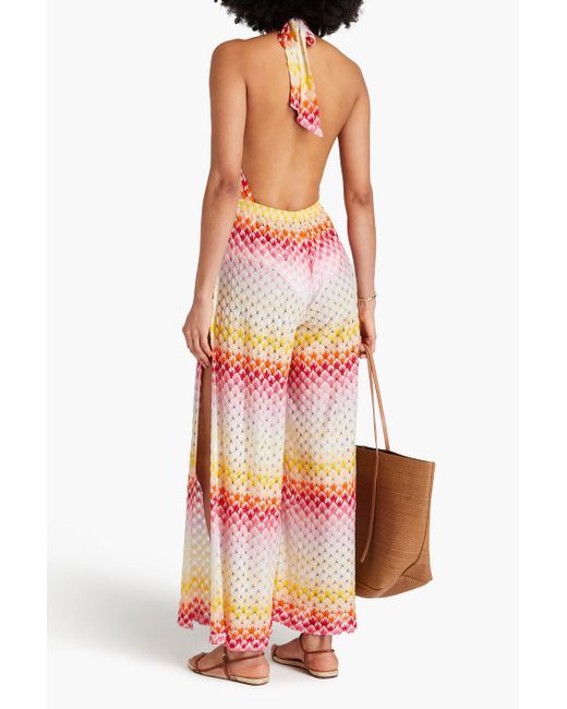 Missoni White Neckholder-strick-jumpsuit in häkeloptik mit metallic-effekt