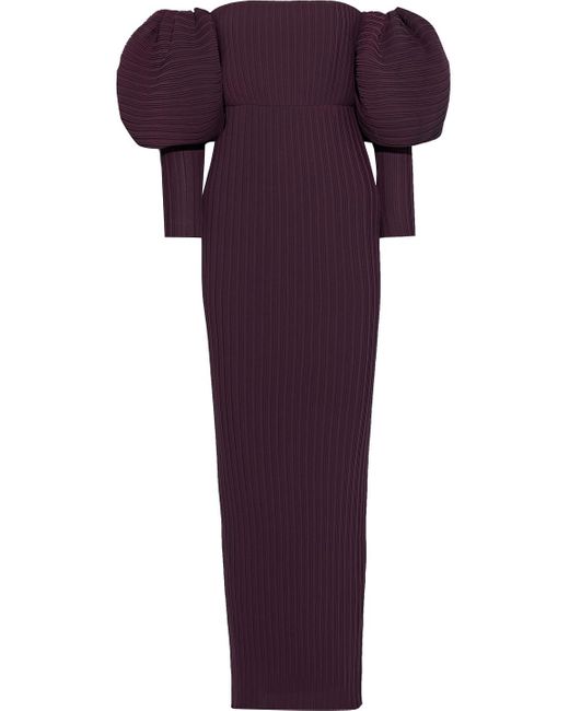 Solace London Purple Tasmin Off-the-shoulder Plissé-crepe Maxi Dress