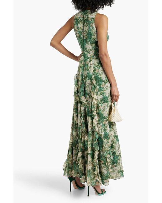 Mikael Aghal Green Ruffled Floral-print Chiffon Maxi Dress