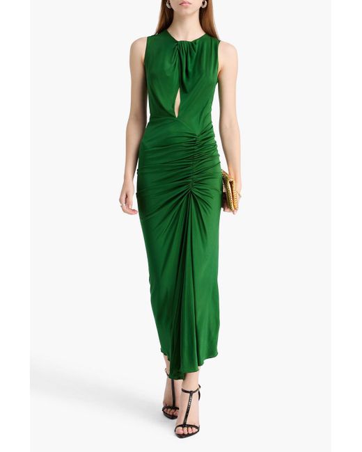 Costarellos Green Ruched Cutout Jersey Midi Dress