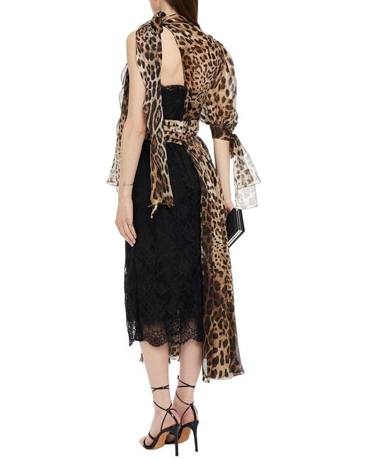 Dolce & Gabbana Black Tie-neck Leopard-print Silk-blend Voile And Lace Midi Dress