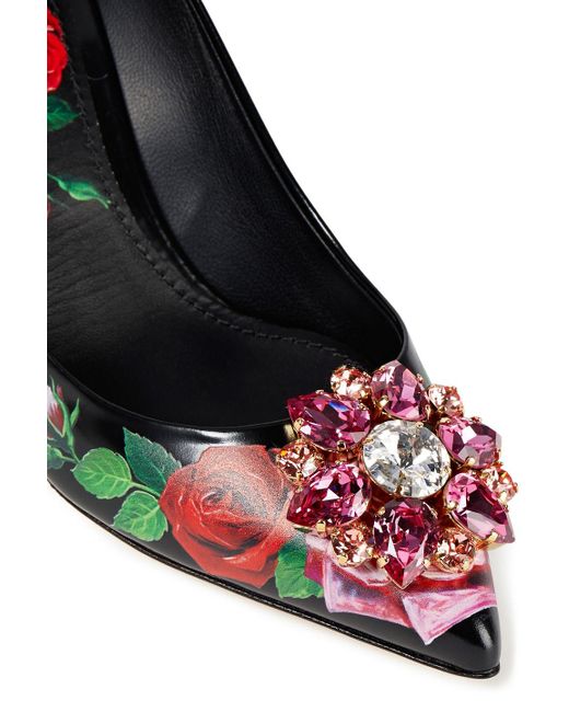 Dolce & Gabbana Black Bellucci Crystal-embellished Floral-print Leather Pumps