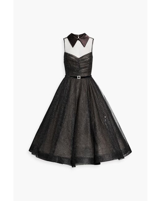 Bronx and Banco Women's Black Charlotte Belted Glittered Tulle Midi Dress