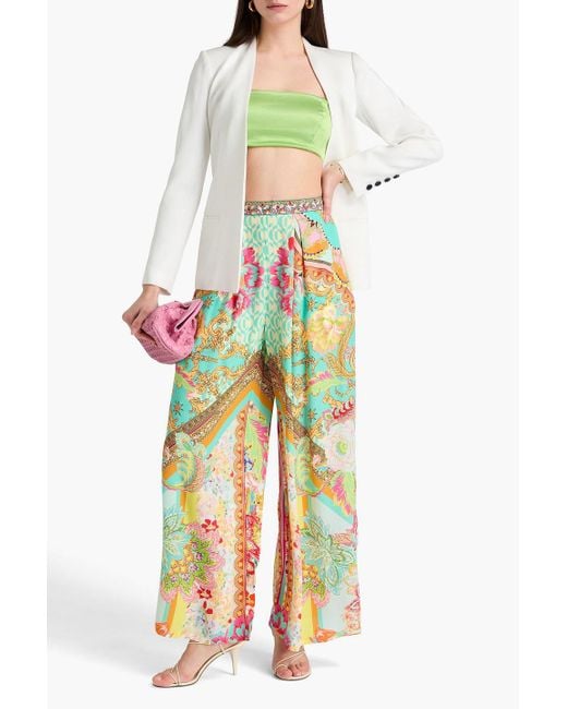Camilla White Crystal-embellished Printed Silk Crepe De Chine Wide-leg Pants