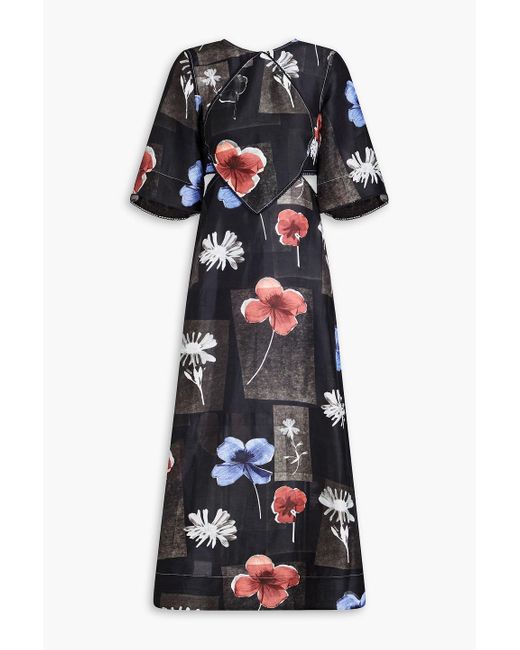 Ganni Black Floral Linen And Silk Maxi Dress