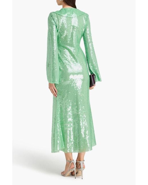 Self-Portrait Green Ruffled Sequined Mesh Midi Dress