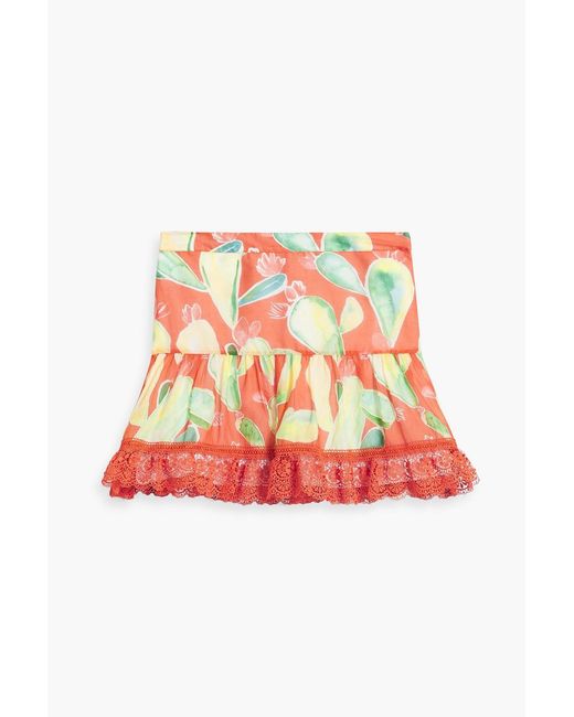 Charo Ruiz Red Victoria Lace-trimmed Printed Cotton-blend Voile Mini Skirt