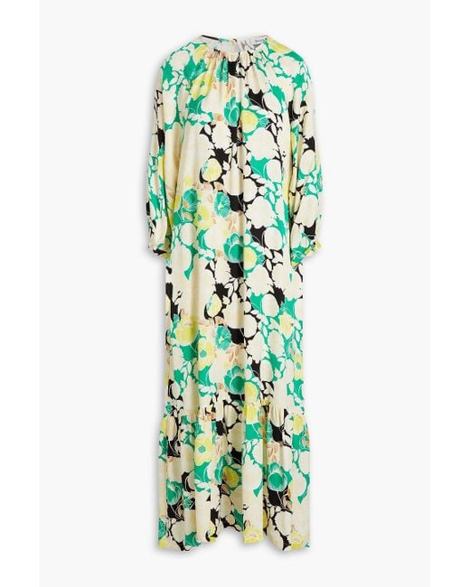 Rodebjer Wanda Shirred Floral-print Satin Midi Dress in Green | Lyst UK