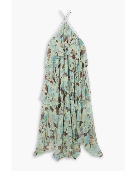 Stella McCartney Green Ruffled Floral-print Silk-chiffon Halterneck Maxi Dress
