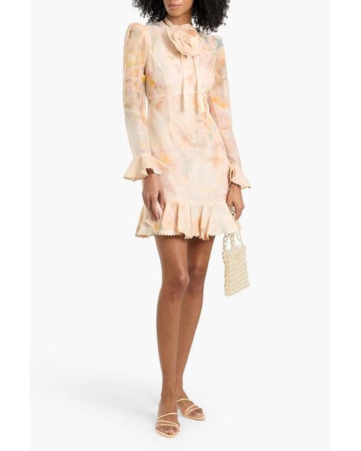 Zimmermann Natural Embellished Ruffled Printed Linen And Silk-Blend Gauze Mini Dress
