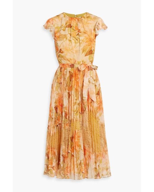 Mikael Aghal Yellow Corded Lace-Paneled Floral-Print Georgette Midi Dress
