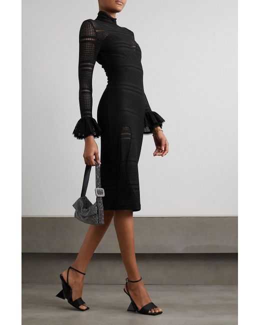Halpern Black Ruffled Paneled Open-knit Midi Dress