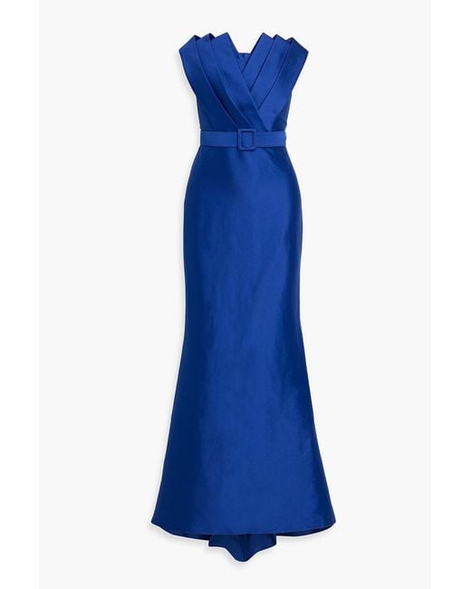 Badgley Mischka Blue Strapless Belted Faille Gown