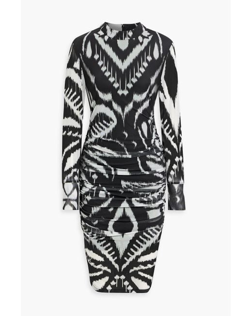 Farm Rio Black Ruched Printed Stretch-Tulle Midi Dress