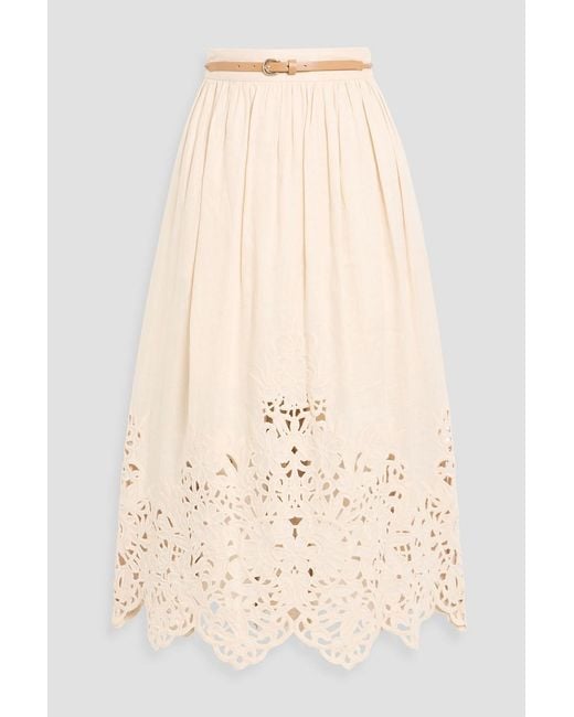 Zimmermann Natural Belted Broderie Anglaise Linen Midi Skirt