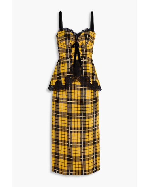 Alessandra Rich Metallic Midikleid aus crêpe de chine aus seide mit karomuster und spitzenbesatz