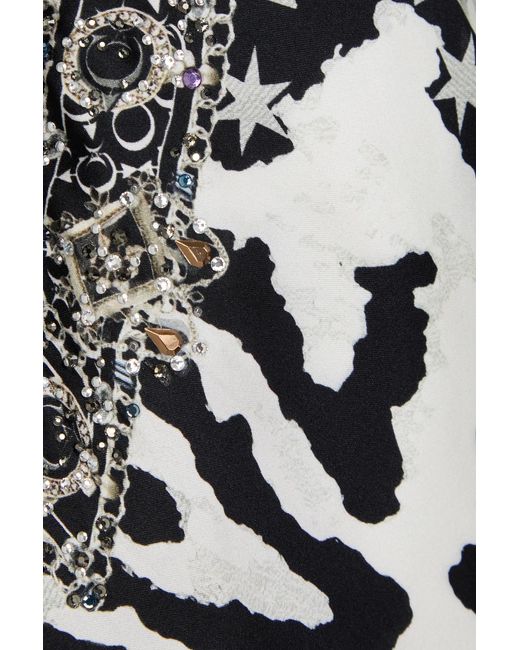 Camilla Black Crystal-embellished Printed Silk-satin Top