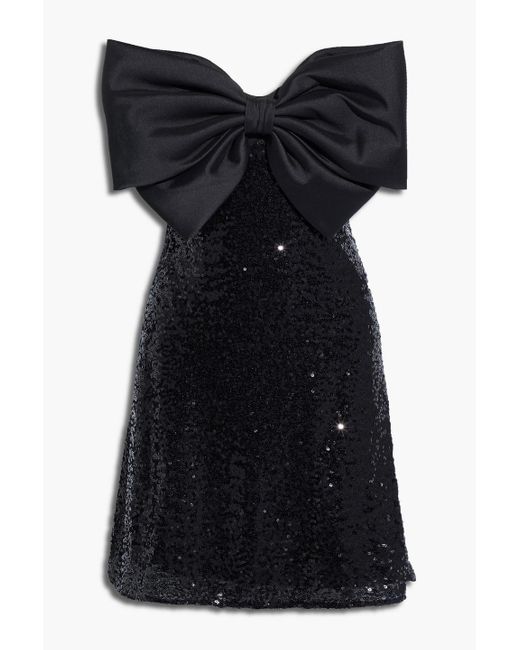 Badgley Mischka Black Strapless Bow-embellished Sequined Tulle Mini Dress