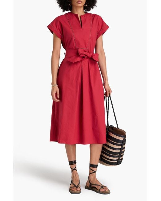 Brunello Cucinelli Red Bead-Embellished Cotton-Poplin Midi Shirt Dress