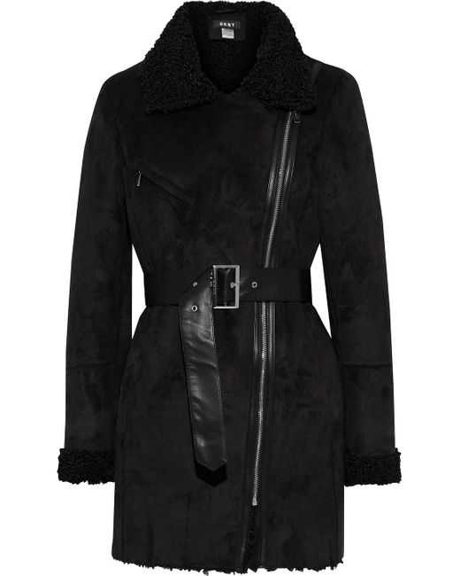 DKNY Synthetic Belted Faux Shearling Coat Black - Lyst