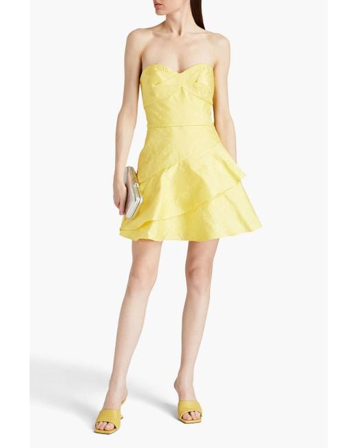 ML Monique Lhuillier Yellow Strapless Tiered Satin-jacquard Mini Dress