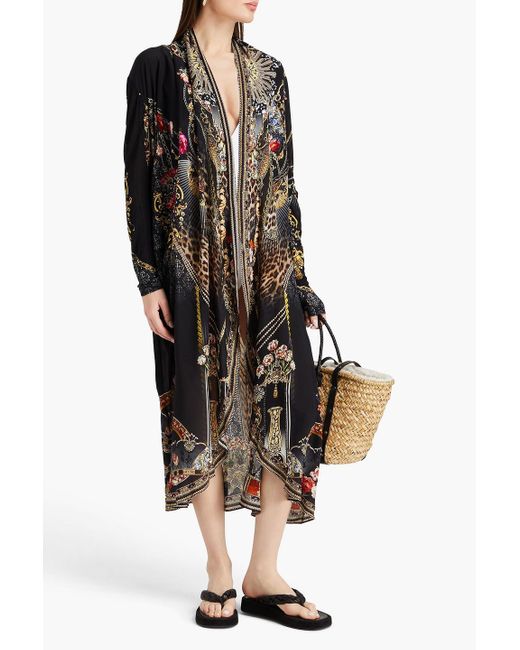 Camilla Black Embellished Printed Silk Crepe De Chine And Jersey Kimono