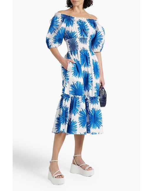 Cara Cara Blue Mimi Off-The-Shoulder Printed Cotton-Poplin Midi Dress