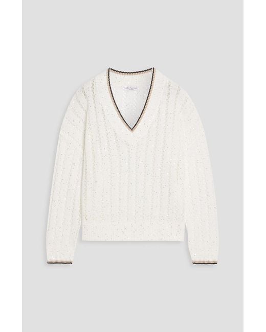 Brunello Cucinelli Natural Sequin-Embellished Open-Knit Linen-Blend Sweater