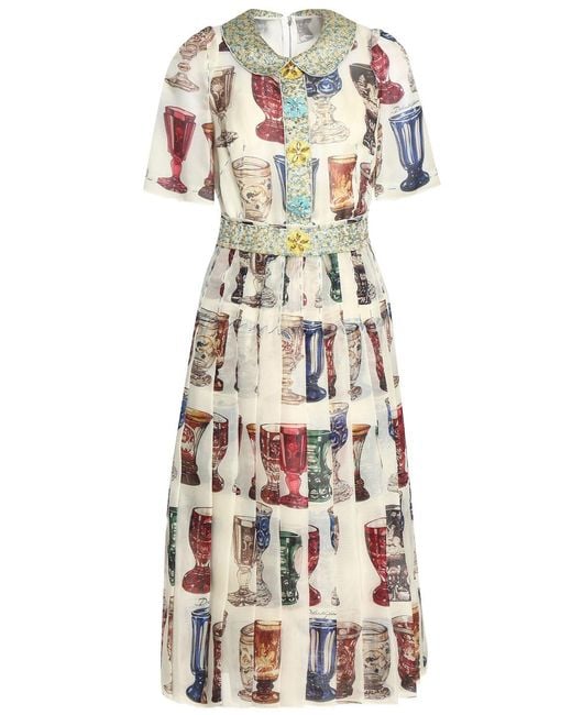 Dolce & Gabbana White Embellished Pleated Printed Silk-organza Midi Dress