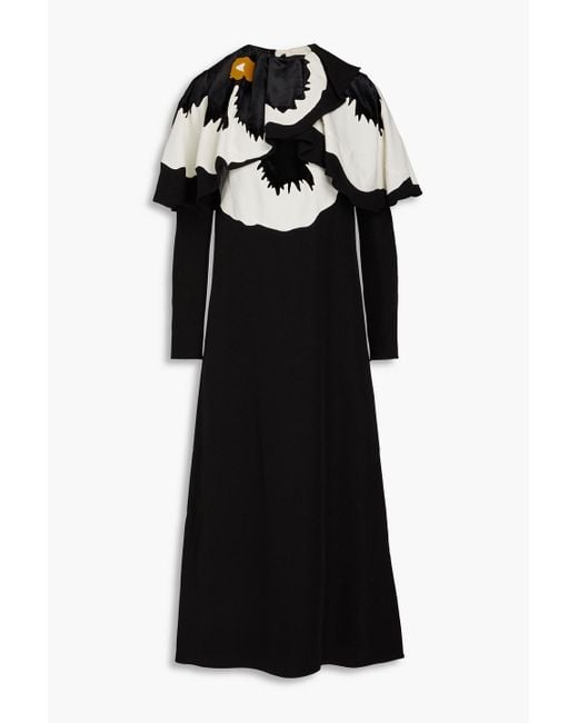 Valentino Garavani Black Cape-effect Silk-crepe Paneled Velvet Midi Dress