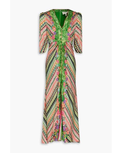 Saloni Green Mitsu Ruched Printed Silk-satin Jacquard Maxi Dress