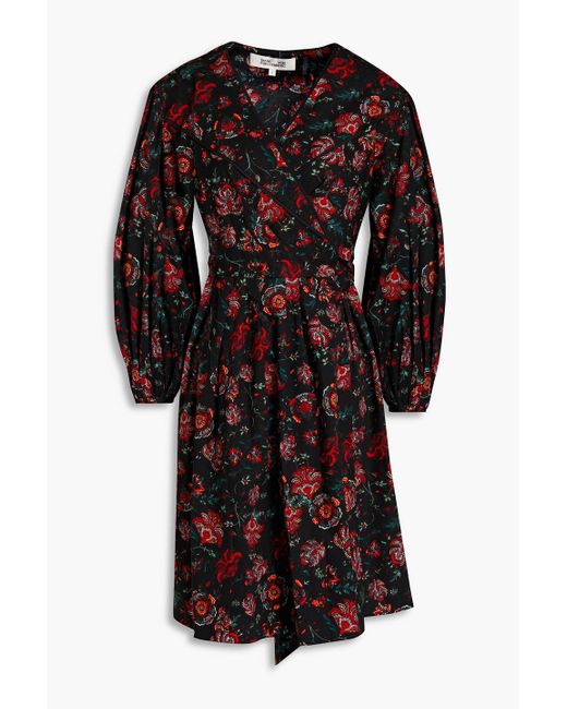 Diane von Furstenberg Black Barbe plissiertes mini-wickelkleid aus popeline aus einer baumwollmischung mit floralem print