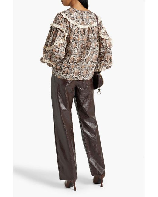 Ulla Johnson Natural Edith bedruckte bluse aus gaze aus einer baumwollmischung mit rüschen