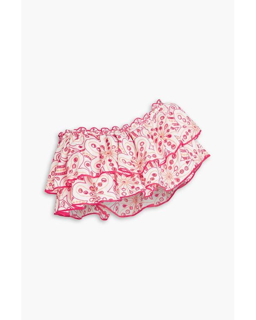 Charo Ruiz Pink Flamingo Cropped One-Shoulder Ruffled Broderie Anglaise Cotton-Blend Top