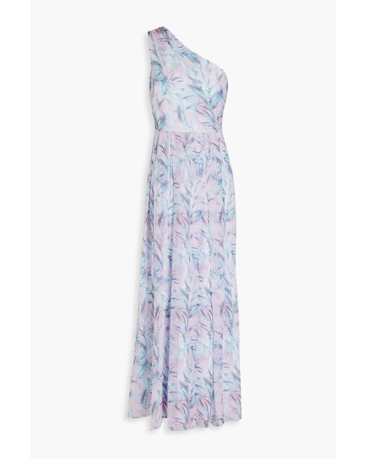Mikael Aghal Blue One-shoulder Pleated Printed Chiffon Maxi Dress