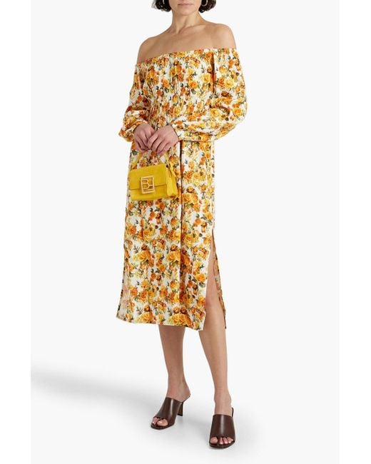 Onia Metallic Off-the-shoulder Shirred Floral-print Linen-blend Midi Dress