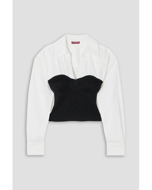 Staud White Hazel Layered Ribbed Wool-blend And Cotton-poplin Top