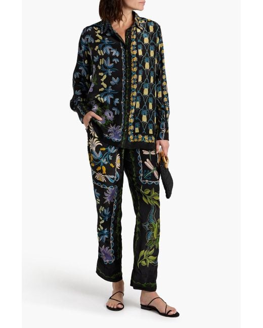 Farm Rio Green Printed Satin Straight-Leg Pants