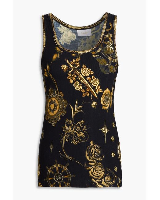 Camilla Black Floral-Print Embellished Jersey Tank
