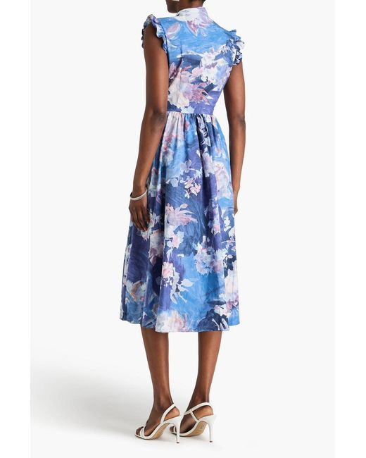 Erdem Blue Ruffled Floral-print Cotton-poplin Midi Dress