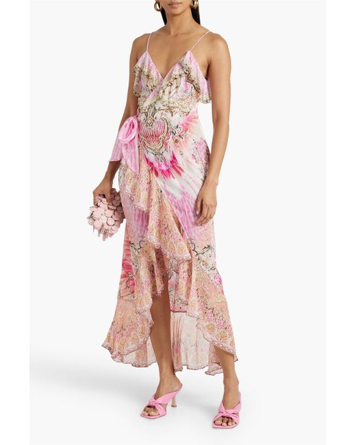Camilla Pink Embellished Printed Silk-chiffon Wrap Dress