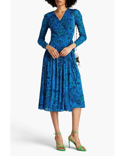 Diane von Furstenberg Blue Printed Tulle Midi Wrap Dress