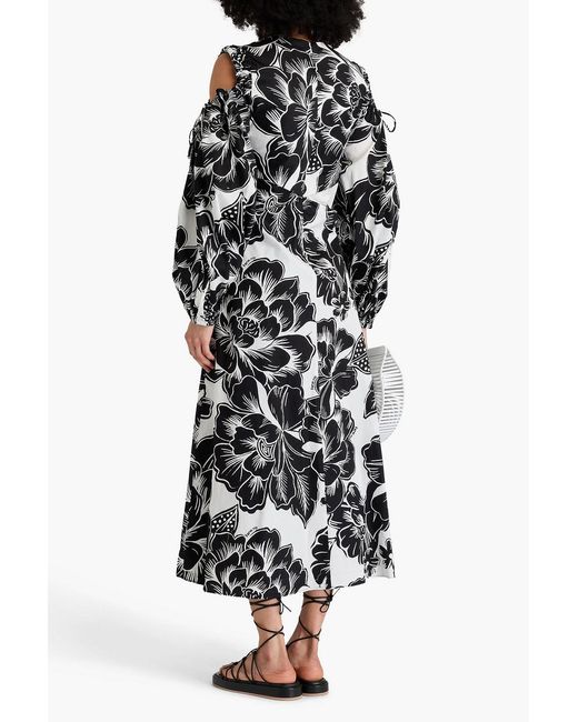 Farm Rio Black Cold-shoulder Floral-print Cotton-sateen Midi Dress