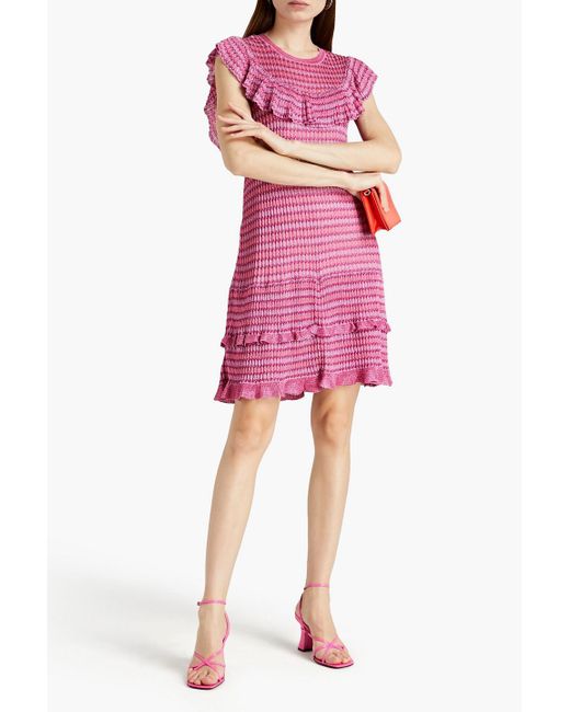RED Valentino Pink Ruffled Striped Ribbed-knit Mini Dress