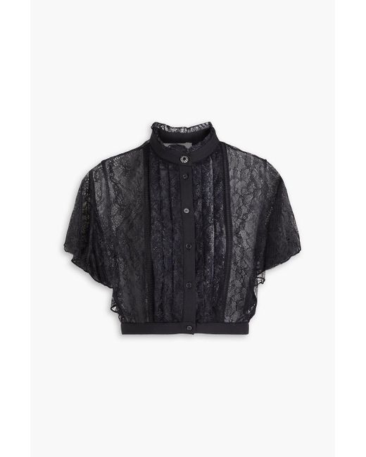 Sandro Black Cropped Pintucked Chantilly Lace Top