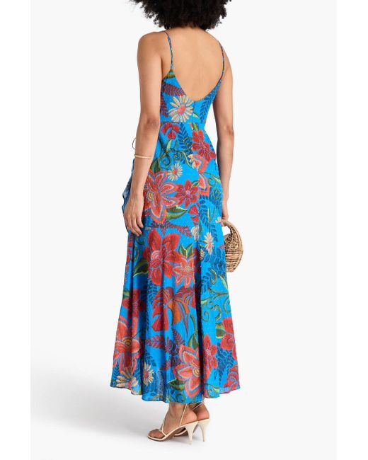 Farm Rio Blue Maxikleid aus baumwolle mit floralem print, eingewebten punkten und wickeleffekt